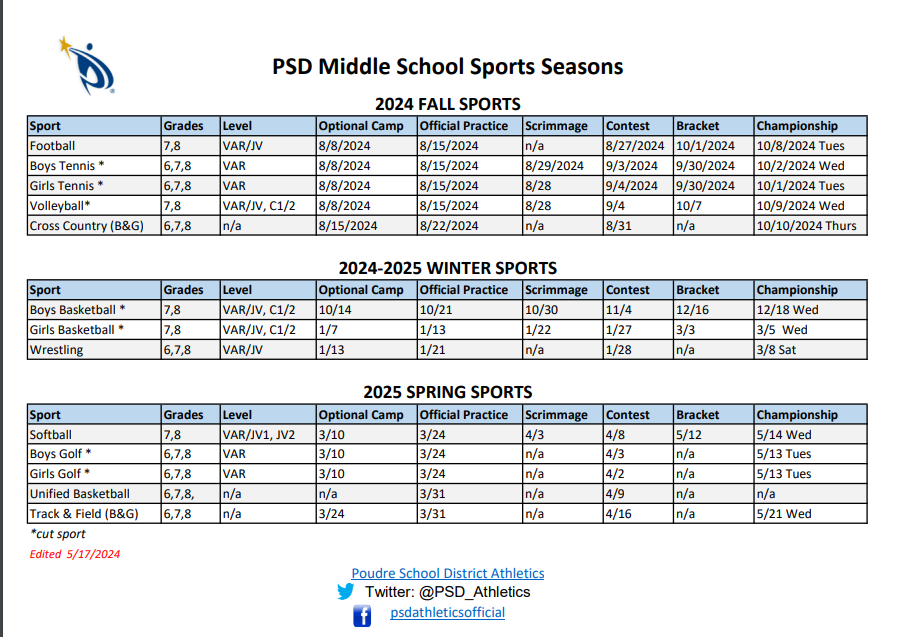 Middle School Athletics Calendar